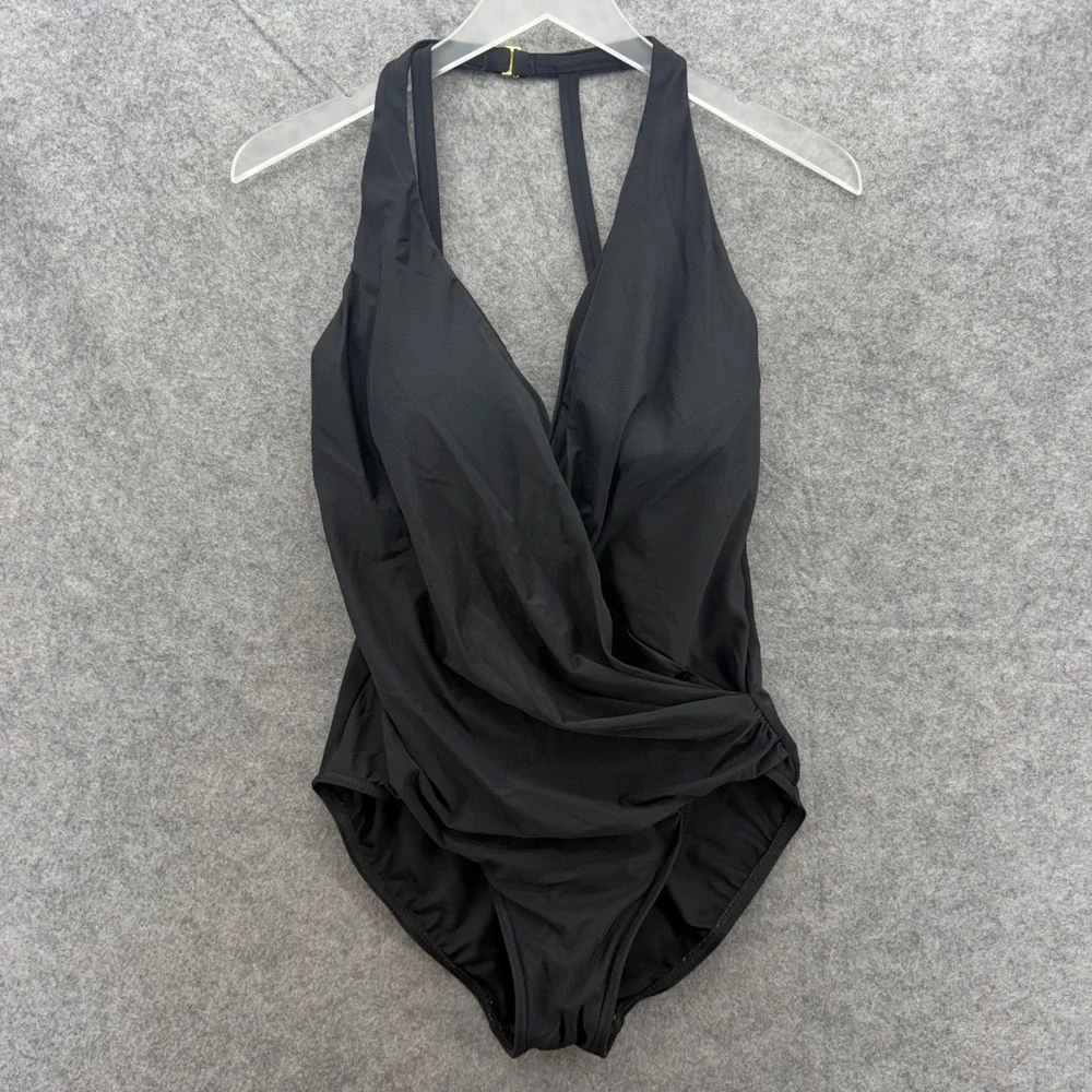 Miraclesuit Wrapsody One Piece Swimsuit Size 12 Black Halter Tummy Control